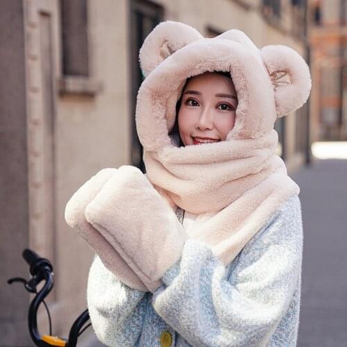 Autumn And Winter New Cute Little Bear Ears Bib Womens Thickened Plush Warm Gloves Hat Scarf For Mothers And Children