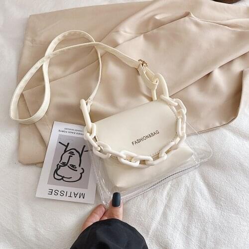 Ladies Shoulder Messenger Flap Handbags Fashion Transparent Pvc Crossbody Bag Women Pu Acrylic Chain
