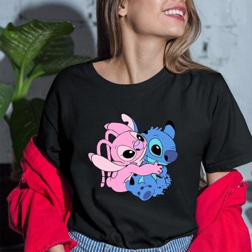 Disney Women T-Shirts Lilo & Stitch Printing Summer New Products Short Sleeve Black White T Shirts Female Outdoor Casual Style