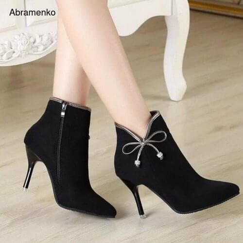 Fashion Autumn Ladies Leather Ankle Boots Pointed Toe Women Shoes 10 CM Pumps Thin High Heels Zip Female Footwear Shoes Size 39