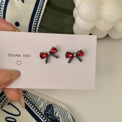 2021 New Fashion Red Crystal Bowknot Stud Earrings for Women Temperament Bow Clip On Earrings Non-piercing Pendientes Jewelry