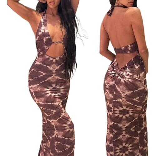 Womens Halter Bodycon Midi Dress, Sleeveless Backless Tie Dye Print Cutout Long Dress