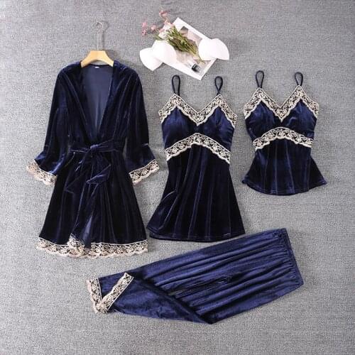 Gold Velvet Pajamas Spring and Autumn Long-sleeved Sexy Sling Nightdress Nightgown Four-piece Suit with Chest Pad Home Service