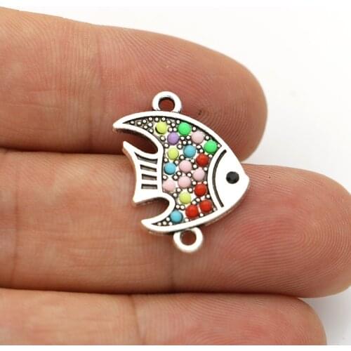 10pcs Antique Silver Plated Crystal Fish Charm Connectors for Making Bracelet Handmade DIY Jewelry Accessories 23x17mm
