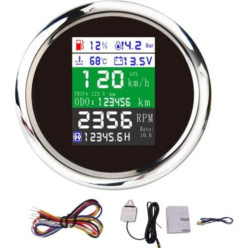 6 IN 1 Digital GPS Speedometer Odometer Tacho Meter Water Temperature Fuel Level Gauge with GPS Antenna for Boat Car Motorcycle