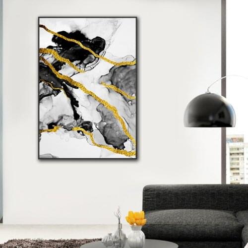 Abstract Marble Arts canvas painting black golden wall pictures printed posters for living room wall decoration