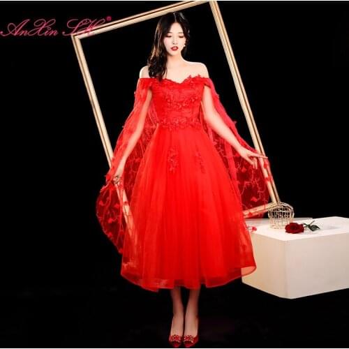 AnXin SH princess flower red lace illusion evening dress party vintage boat neck with veil bride a line evening dress