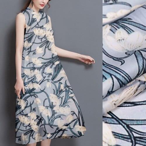 Gray blue orchid 12mm silk organza Satin digital printing silk fabric summer skirt shirt DIY clothing fabric