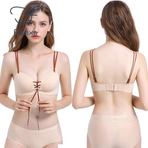 Flarixa Sexy Lace Up Womens Bra Seamless Push Up Bras Without Bones Gathered Large Size Frontless Beautiful Back Underwear