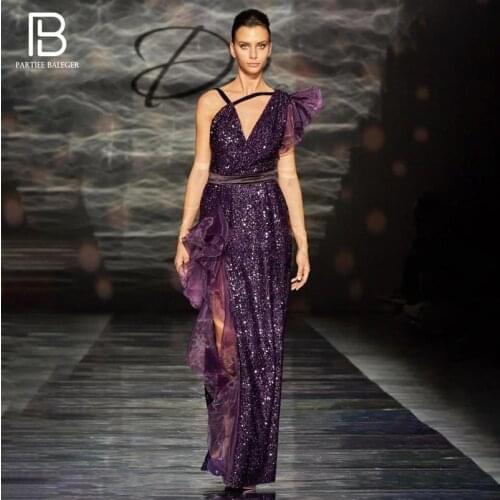 PB Trendy Purple Sequins Long Dress Sexy One Shoulder Ruffles Design Celebrity Party Club Free Shipping