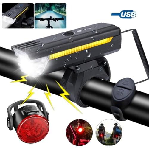 Frotn Bike Headilght 5 Modes Bicycel Lamp USB Charging Cycling Ligth Bike Bell Function for Safety Night Riding