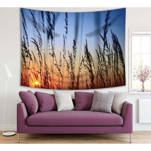 Tapestry Romantic Sunset Landscape Scenery with Tall Grasses Blue Sky Orange Horizon Photo Printed