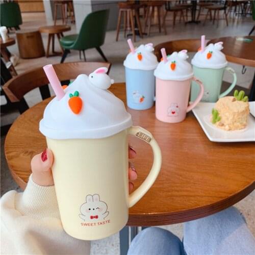 Cute Cartoon Rabbit Iced Mug With Straw Cups Creative Ceramic Coffee Mug With Silicone lid Children Student Breakfast Water Cup