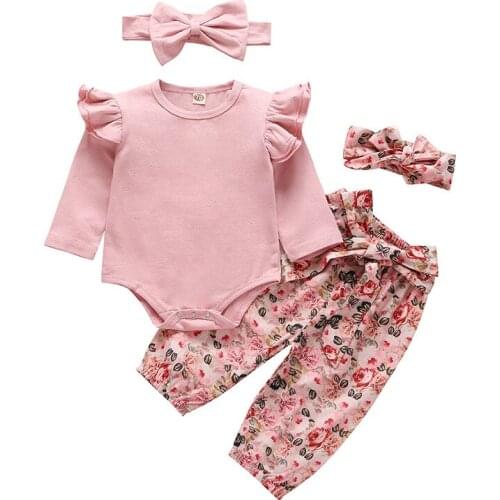 Fashion Baby Girl Clothes Autumn Long Sleeve Ruffles Romper + Floral Pants +Headband Set Outfits