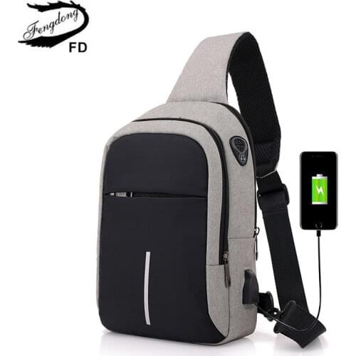 Fengdong small usb charge shoulder bag men messenger bags male waterproof sling chest bag boy travel bagpack men cross body bags