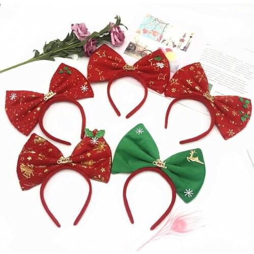 New Christmas Big Butterfly Headband Flannel with Elk Christmas Ornaments Festive Band Headband