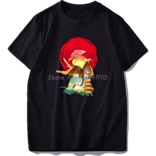 Samurai Fighter In Dragon Silhouette Vintage T-Shirt Graphic Design Japense Culture Men Cotton Tees Harajuku Streetwear