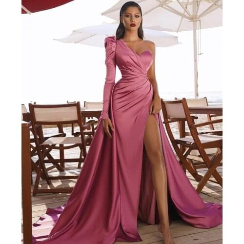 Sexy Prom Dresses A-line One-shoulder Long Sleeves Slit Dubai Saudi Arabic Long Robe De Soiree Prom Gown Evening Dresses