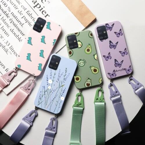 Silicone Chain Necklace Case For amsung Galaxy A51 4G Flowers Cover For Samsung A 51 a51 Lanyard Neck Strap Rope Cord TPU Couqe