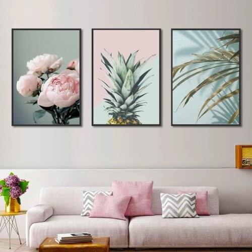 Nordic Pink Flower Green Blue Leaf Posters Canvas Painting Landscape Print Pictures Wall Art Modern For Living Room Decoration