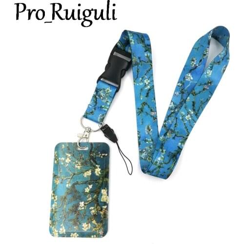 Van gogh Almond Tree Painting Lanyard Credit Card ID Holder Bag Student Women Travel Card Cover Badge Car Keychain Decorations