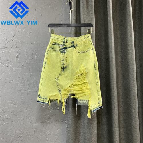 Washed Denim Skirt Women Asymmetry Fashion Spliced Mid length A-Line Jeans Skirts Female Summer High waist Hole Skirt Streetwear