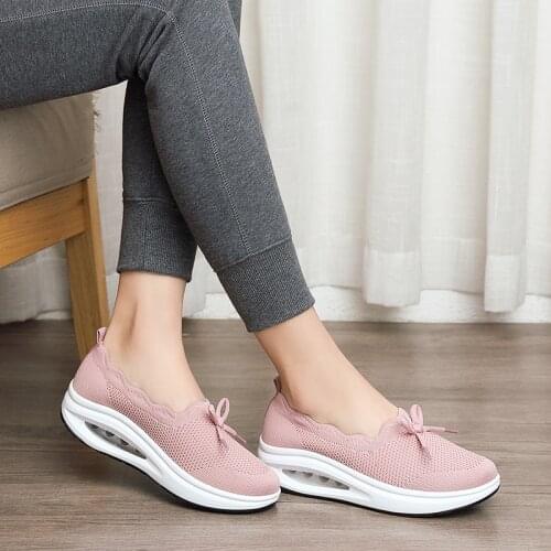 Brand Sport Shoes Women Thick Sole Shoes Flying Weave Platform Shoes Ladies Toning Shoes Wedge Sneakers Breathable Rocking Shoes