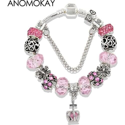 Anomokay Classic Royal Crown Crystal Charm Bracelet & Bangle DIY Heart Bead Bracelet Jewelry Gift for Women Girl Pulseira