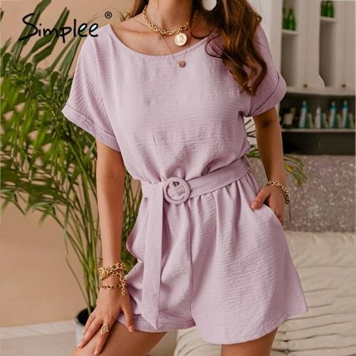 Simplee Casual Light Pink Playsuits With Belt Women Solid bat sleeve Short Rompers High waist summer office ladies rompers 2021