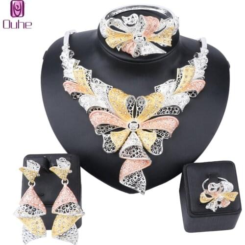 Women African Jewelry Sets Silver Color Crystal Bridal Wedding Elegant Romantic Necklace Earring Bangle Ring Set