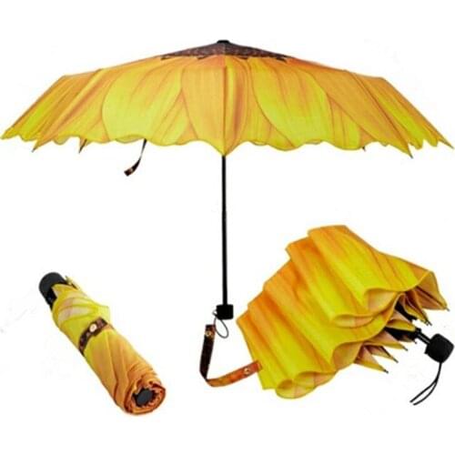 3d Sunflower Print Three Folding Umbrella Rain Women Pongee Sunny And Rainy Umbrella Anti Uv Feel Comfortable New