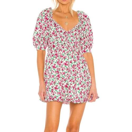 2021 Summer Autumn Holiday Floral Print Puff Sleeve Defined Waist Beach Vocation Ladies Mini Dress