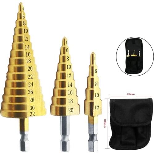 3pcs/set Titanium Step Drill Bits 4-12mm 4-20mm 4-32mm HSS Power Tools HIgh Speed Steel Wood Metal Drilling Bit Cut Tool Set