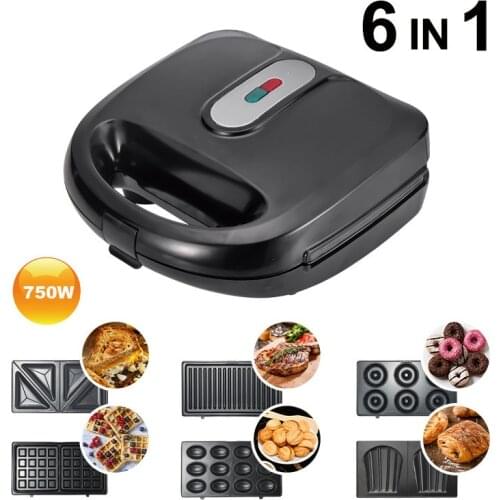 6 In 1 Electric Waffle Maker Sandwich Machine Electric Grill Non-stick Coated Kitchen Breakfast Bubble Waffle Donuts Multi-Baker