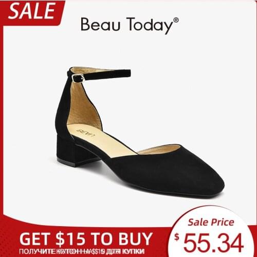 BeauToday Sandals Women Kid Suede Leather Square Toe Cover Heel Buckle Straps Ladies Summer Med Heel Shoes Handmade A31040