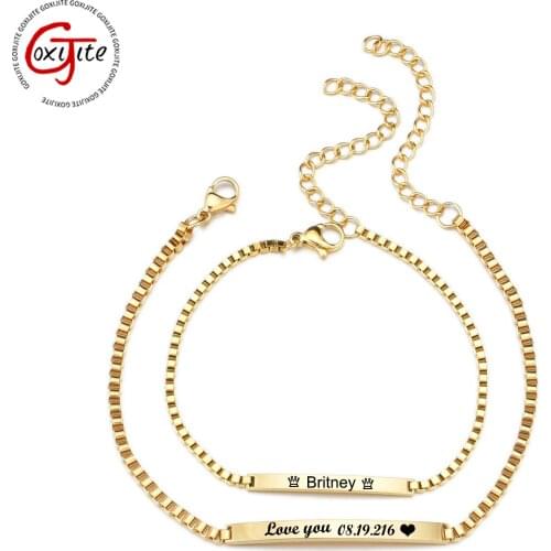Goxijite Custom Engrave Name Bracelet For Women Men Stainless Steel Personalized Date Symbol Box Chain Bracelets Memorial Gift