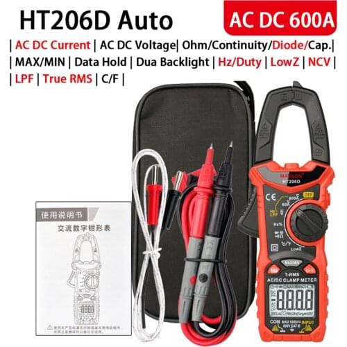 Digital Clamp Meter AC/DC Voltage AC Current Resistance Diode Test Continuity Multimeter Voltmeter Ammeter Blacklight HT206D