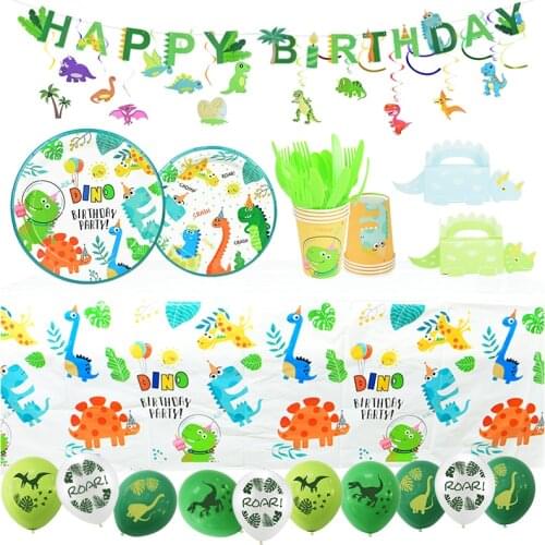 Dino Birthday Party Decor Latex Ballons Disposable Tableware Bunting Banners Dinosaur Theme Party Supplies Kids Birthday Favors