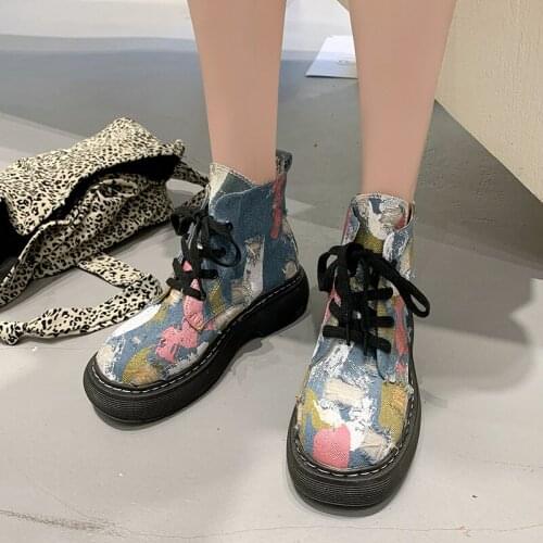 Denim Thick Bottom Lace-up Snow Boots Women Canvas Ankle Boots Motorcycle Boots Short Boots Casual Zebra Print Womens Shoes