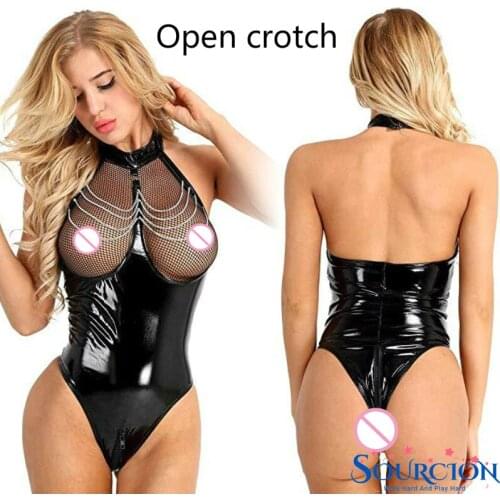 Sourcion Erotic Sexy Crotchless Latex Catsuit Fishnet Clothing Open Crotch Jumpsuit Patent Leathe Bodysuit Lingerie Sexy Costume