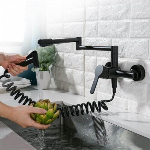 Kitchen Faucet With Spray Gun Brass Sink MixerTap Hot & Cold Wall Mounted Rotation Foldable Kitchen CraneTap Black/Chrome/Nickel