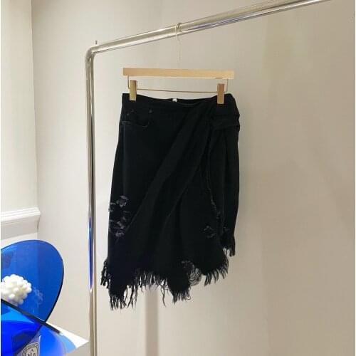 High 2021SS Summer Quality Women Tassel Asymmetrical Black Denim Casual Skirt For Female Ddxgz2 6.18