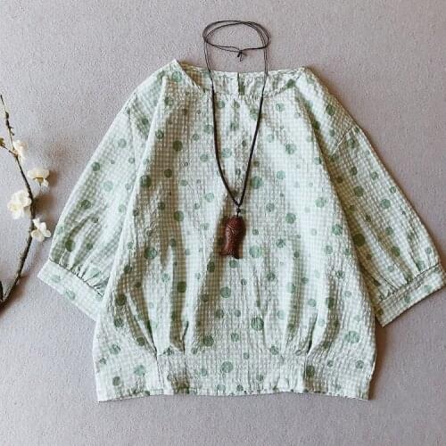 Summer Women T shirt Dots Cotton Linen 2021 New Thin Cotton Linen Loose O neck Casual Women Blouse YoYiKamomo