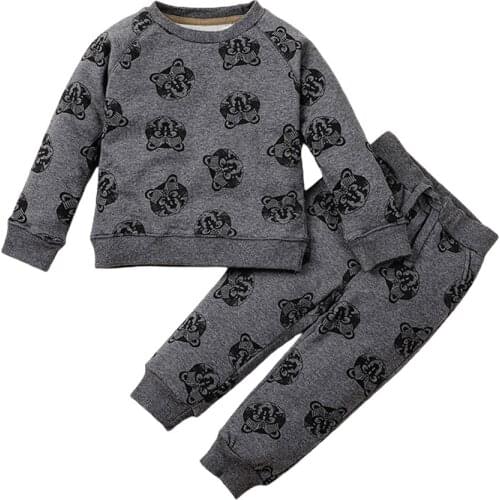 2021 0-5Y Autumn Kids Baby Boy Clothes Set Charcoal Cartoon Print Long Sleeve Sweatshirt Top+Pants Casual Tracksuit 2pcs