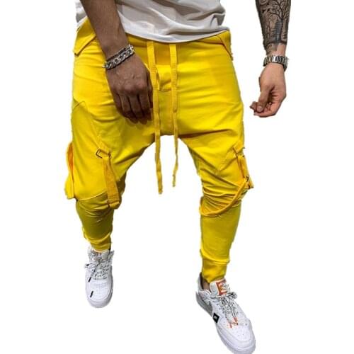 Mens Sweatpants Lanyard Hip Hop Joggers Big Pocket Ankle Banded Sweatpants Pencil Pants