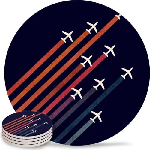 Airplane Geometric Lines Round Coaster Set Non-slip Heat Proof Ceramic Coffee Drink Coasters Table Decoration Placemats