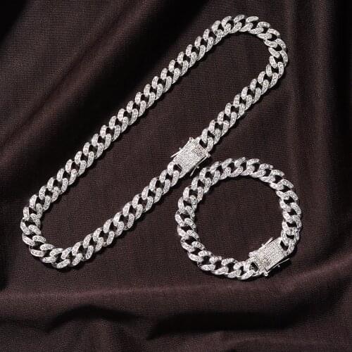 12mm Miami Prong Cuban Chain Link Necklaces Set Iced Out Rhinestones Curb Bling Bling Bracelet for Mens Hip Hop Chains Jewelry