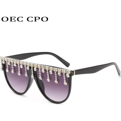 OEC CPO Fashion One Piece Diamond Sunglasses Women Vintage Rhinestone Sun Glasses Female Sexy Black Pink Square Eyewear UV400