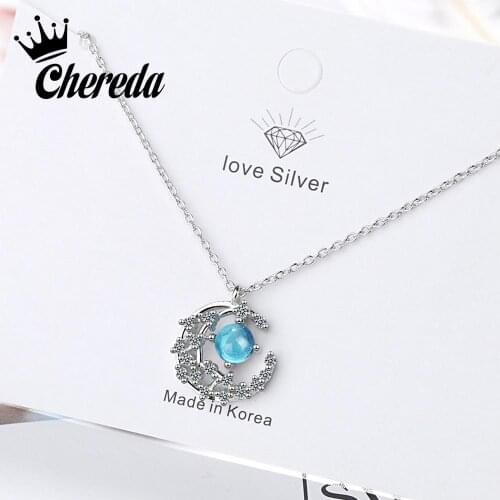 Chereda Blue Zircon Moon Necklace Charm Delicate Link Chain Pendants Necklaces Star Jewelry Birthday Party Gift