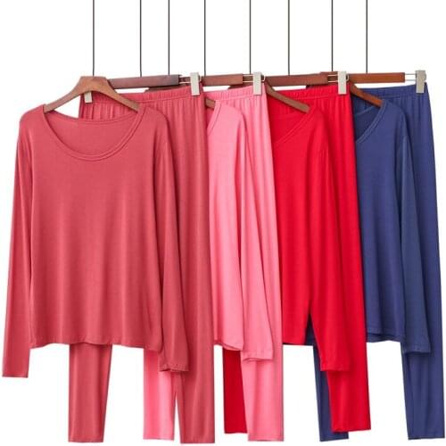 Womens Pajamas Modal Cotton Solid Color Round Neck Long Sleeve Plus Size Pajama Suit Elastic Underwear Suit Female Homewear